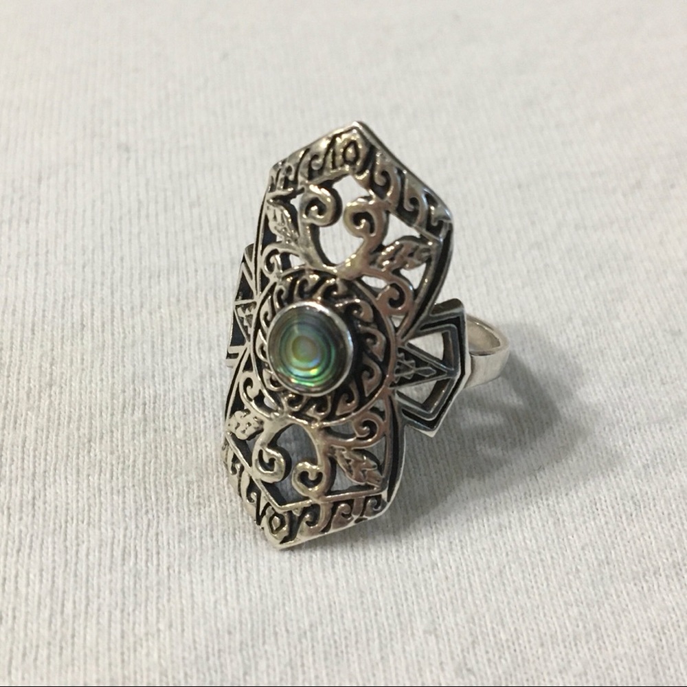 Intricate Silver Abalone Shield Ring - image 3